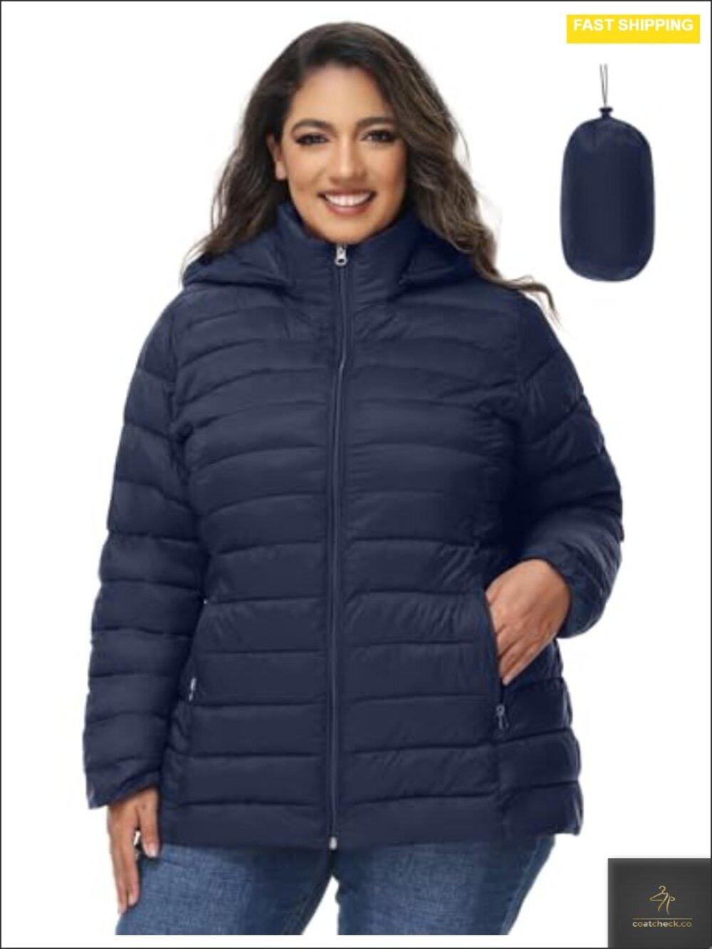 Plus Size Quilted Puffer Jacket with Detachable Hood, Packable Winter Coat with
